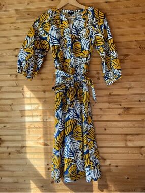 Talbots Peplum Maxi Dress NWT 4P Yellow Blue U of Michigan Leaves Shower Summer